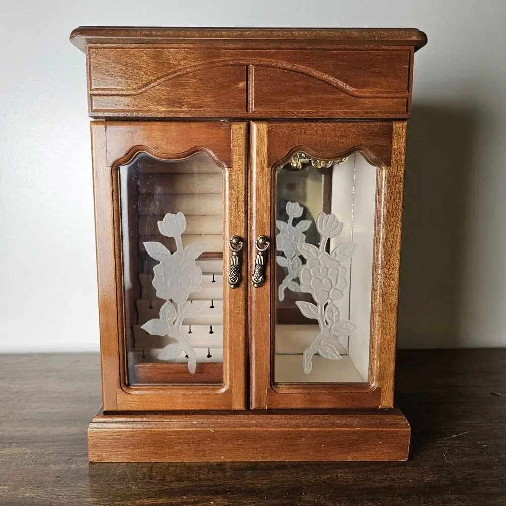 Vintage Wooden Jewelry Armoire with Etched Floral Glass Doors & Hinge Top Lid